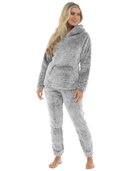 Womens Long Pile Fleece Hooded Pyjamas