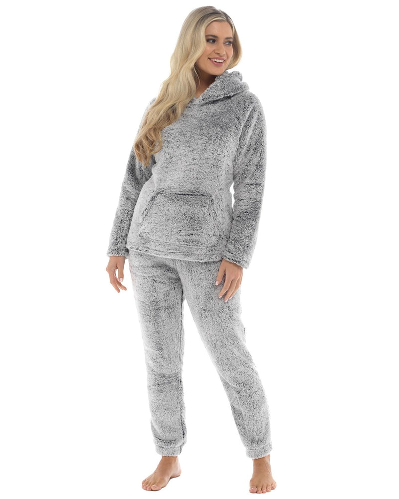 Womens Long Pile Fleece Hooded Pyjamas