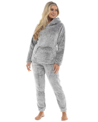 Womens Long Pile Fleece Hooded Pyjamas