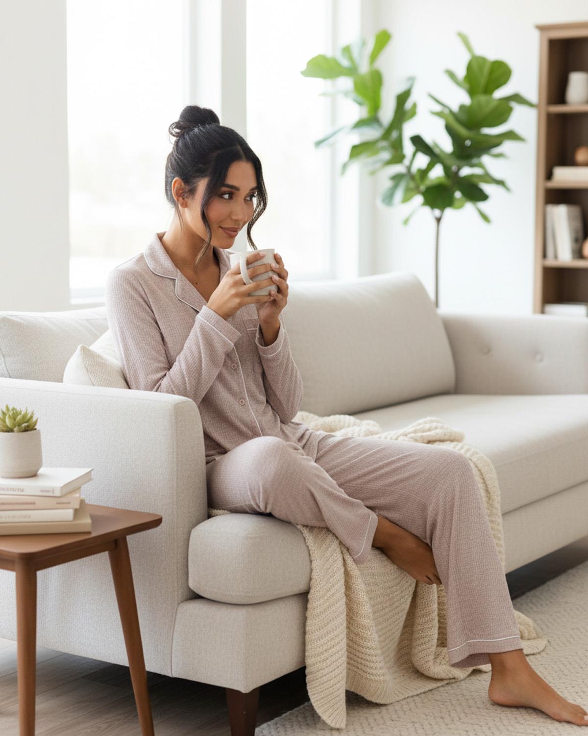 Loungeable Womens Marl Brushed Rib Buttoned Pyjamas