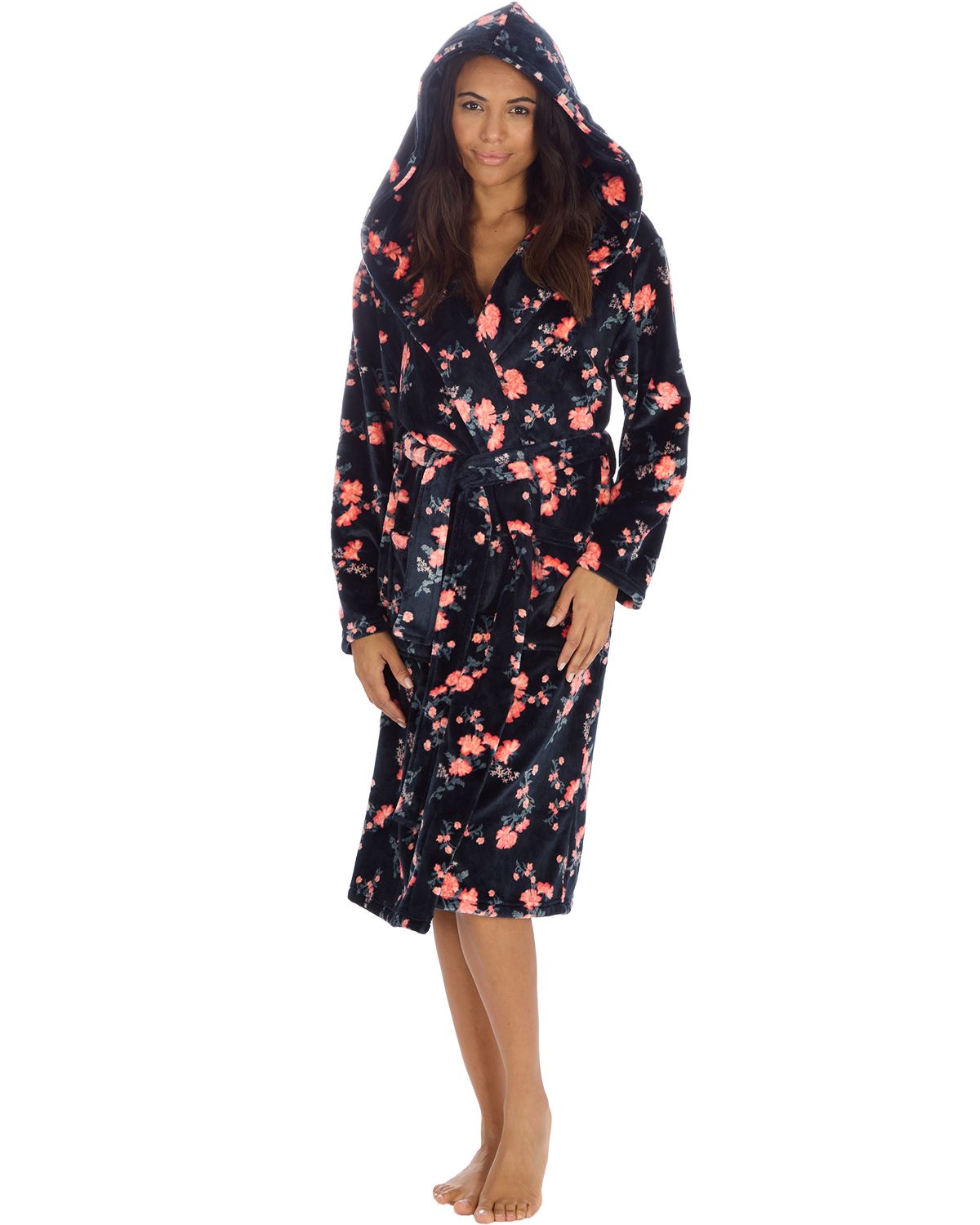 Forever Dreaming Womens Plush Floral Print Hooded Robe