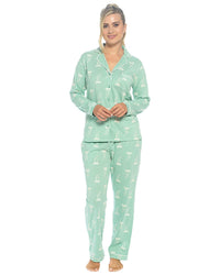 Foxbury Womens Button Through Jersey Cotton Long Pyjamas