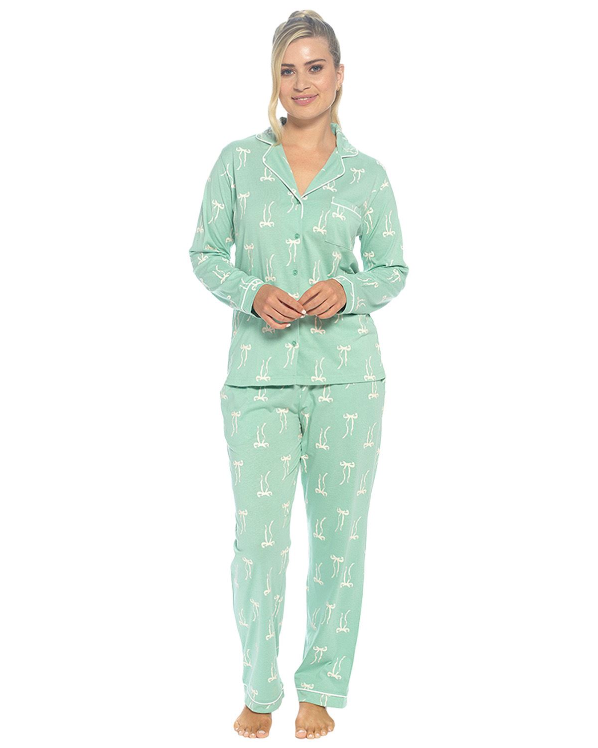 Foxbury Womens Button Through Jersey Cotton Long Pyjamas
