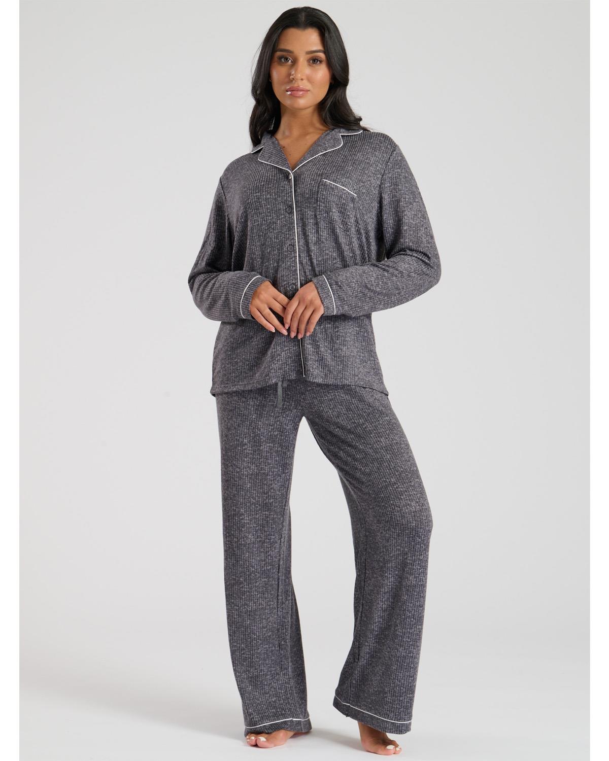Loungeable Womens Marl Brushed Rib Buttoned Pyjamas