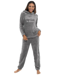 Womens Polished Fleece Slogan Hooded Pyjamas