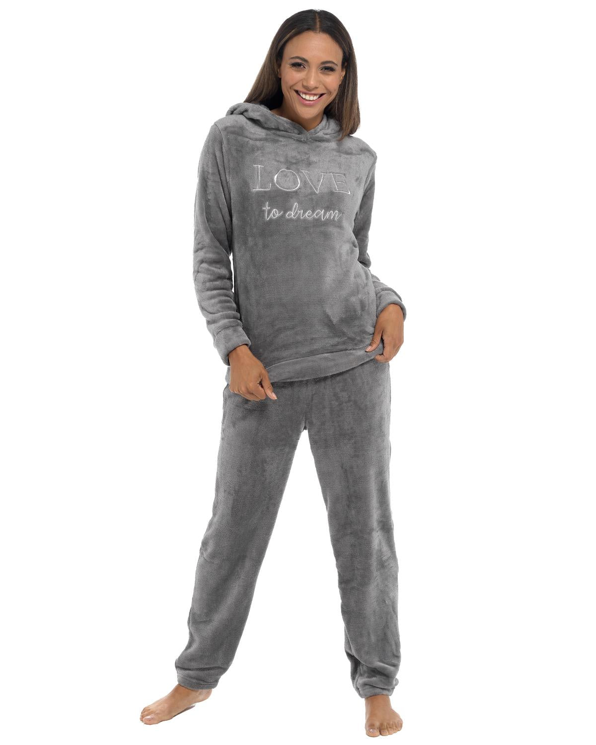 Womens Polished Fleece Slogan Hooded Pyjamas
