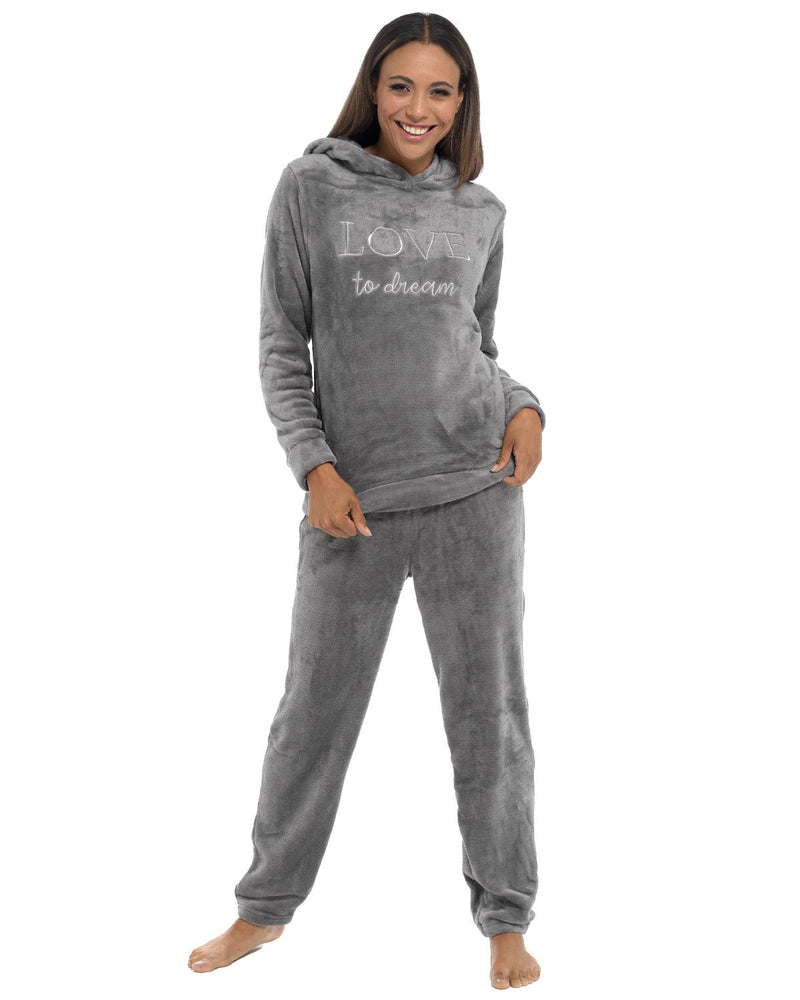 Womens Polished Fleece Slogan Hooded Pyjamas
