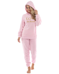 Womens Polished Fleece Slogan Hooded Pyjamas