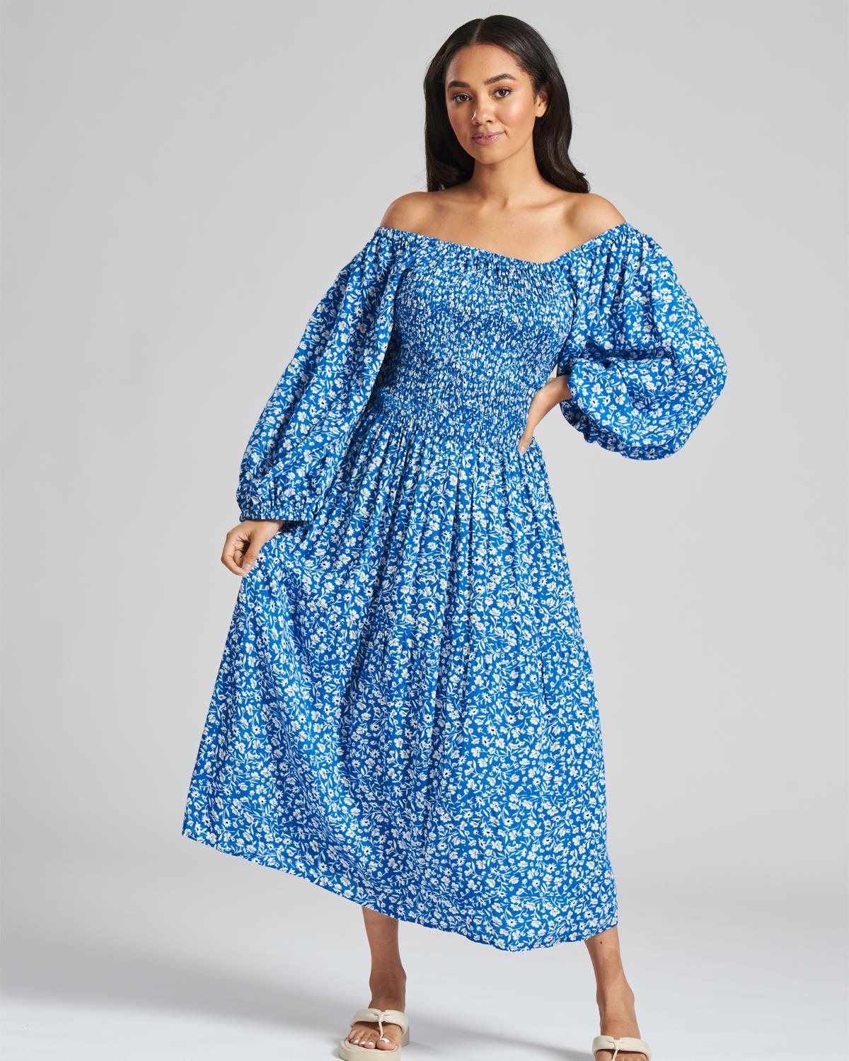 Womens Floral Long Bardot Sleeve Dress