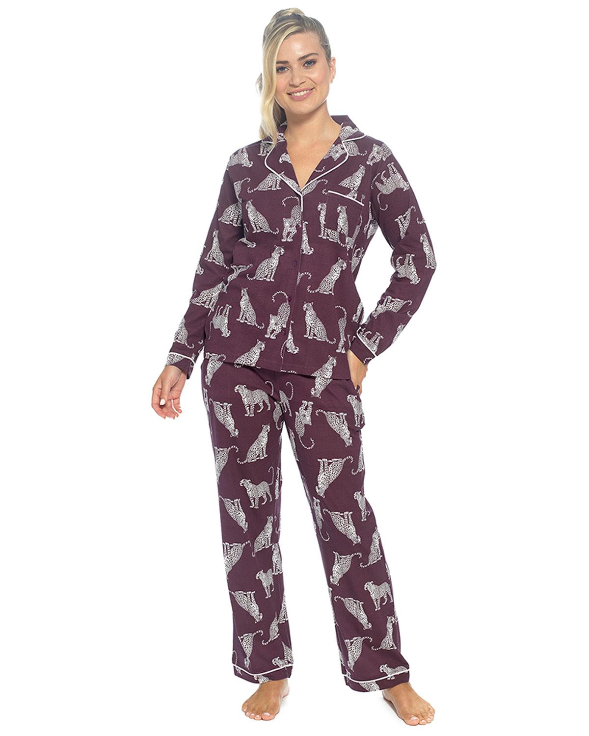 Foxbury Womens Button Through Jersey Cotton Long Pyjamas