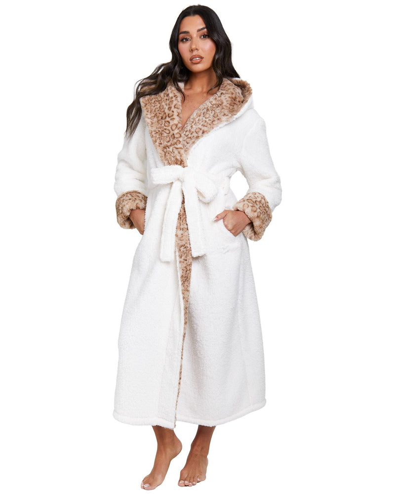 Loungeable Womens Leopard Faux Fur Trim Maxi Dressing Gown