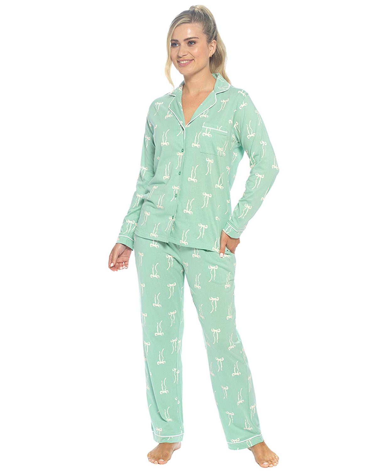 Foxbury Womens Button Through Jersey Cotton Long Pyjamas
