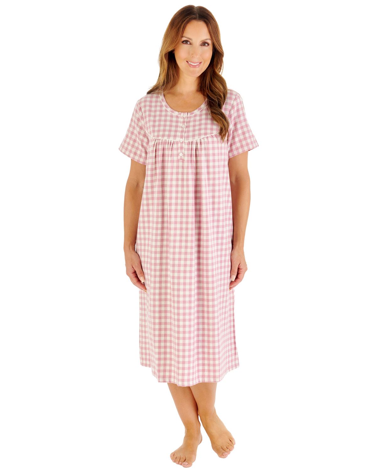 Slenderella Womens Brushed Woven Gingham 42" Short Sleeve Nightdress