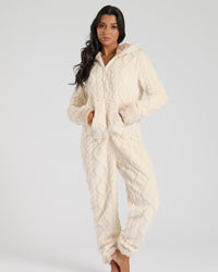 Loungeable Womens Cable Cut Faux Fur Trim Onesie