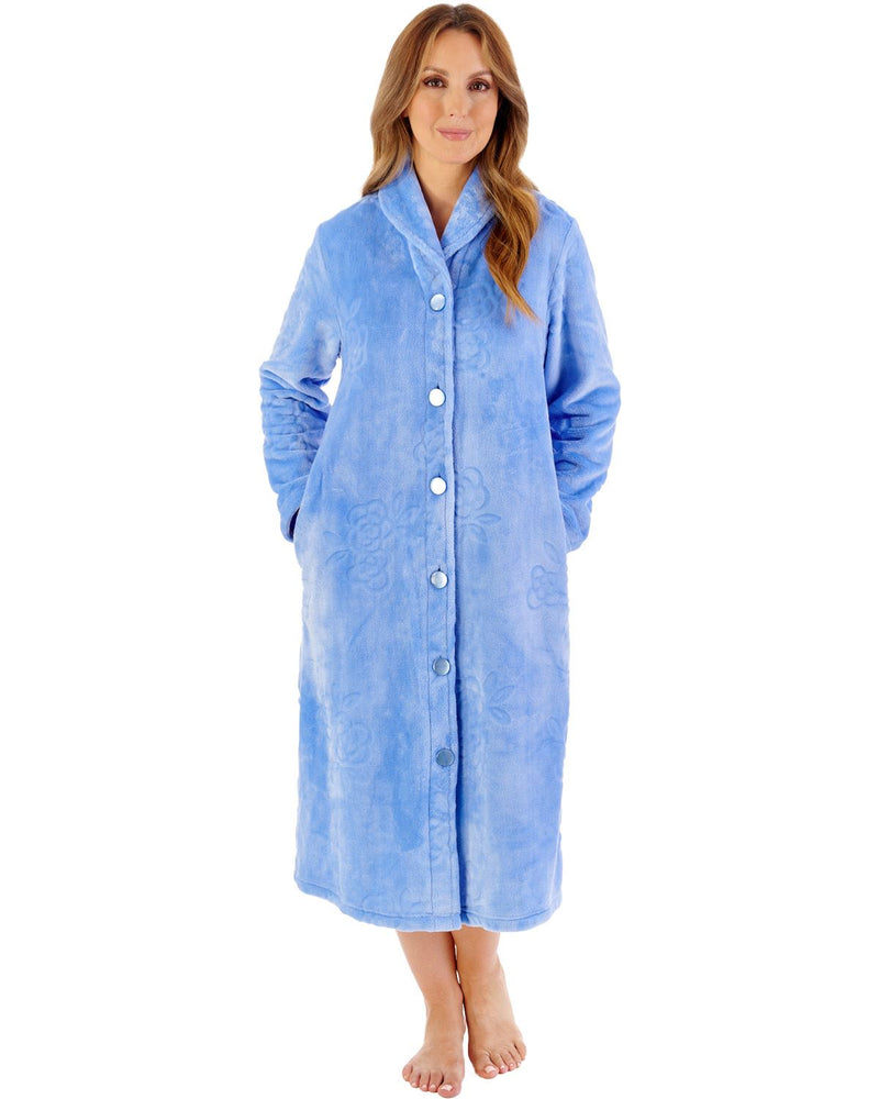 Slenderella Womens Floral Embossed Fleece 46" Button Housecoat