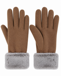 Womens Tan Fleece Gloves with Faux Fur Cuffs