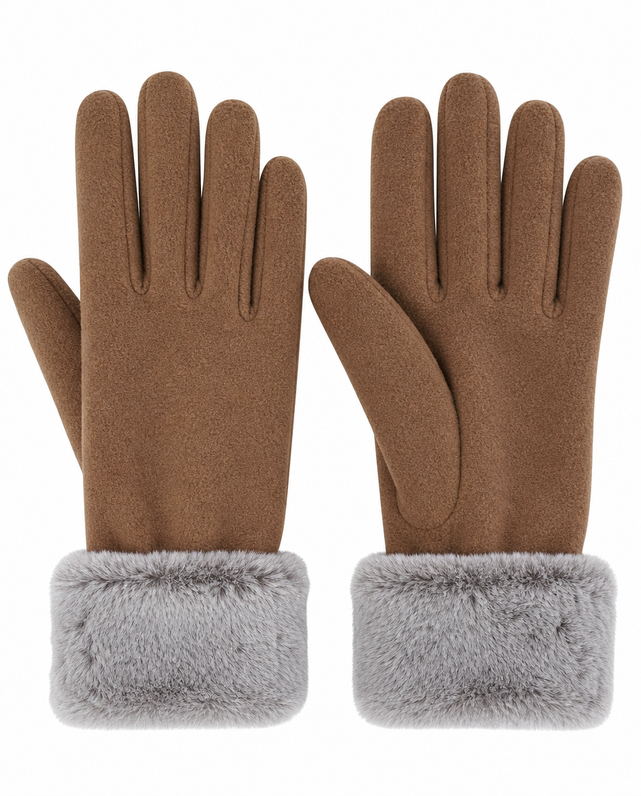 Womens Tan Fleece Gloves with Faux Fur Cuffs