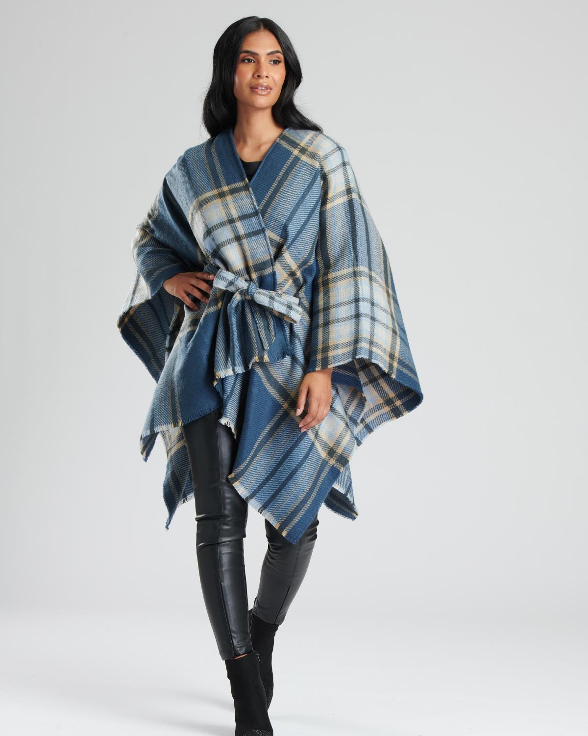 South Beach Womens Check Belted Waist Poncho