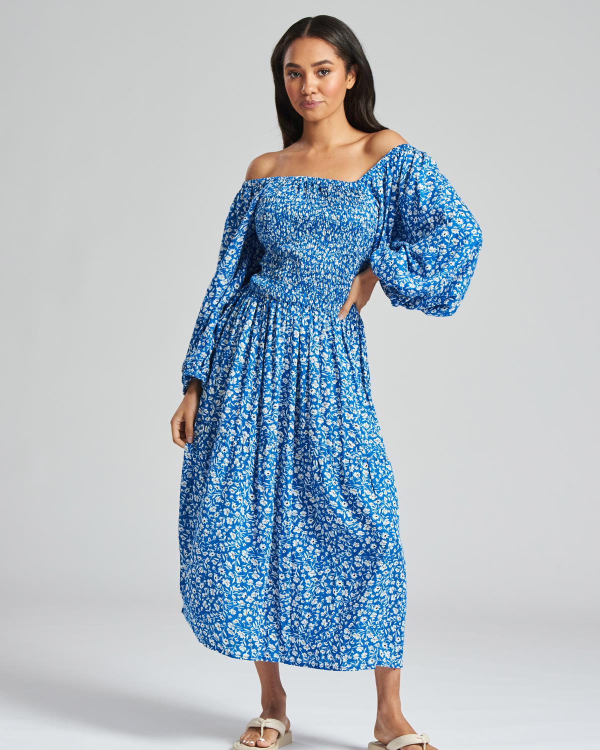 Womens Floral Long Bardot Sleeve Dress