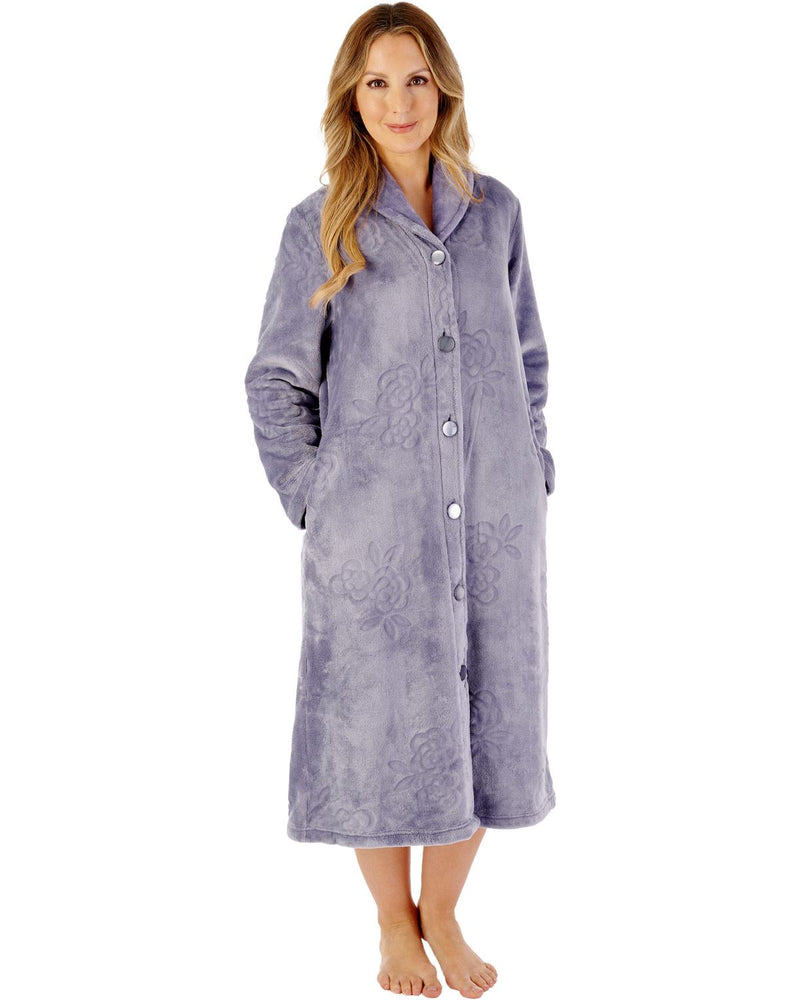 Slenderella Womens Floral Embossed Fleece 46" Button Housecoat