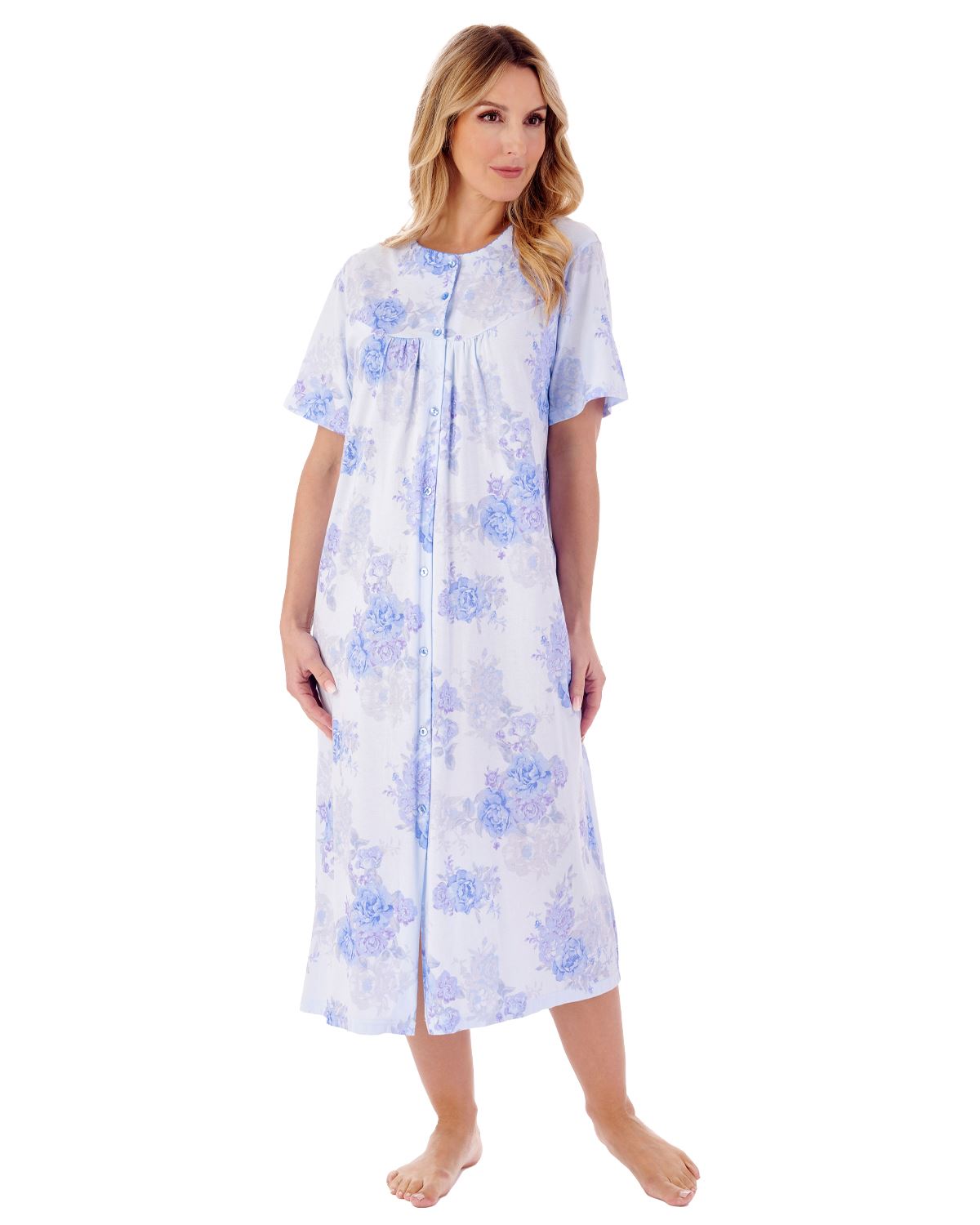 Slenderella Womens 46" Large Floral Short Sleeve Cotton Button Nightie