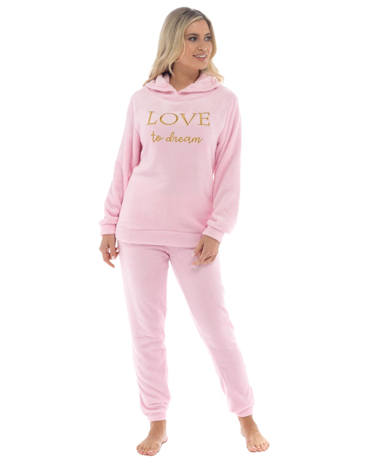 Womens Polished Fleece Slogan Hooded Pyjamas