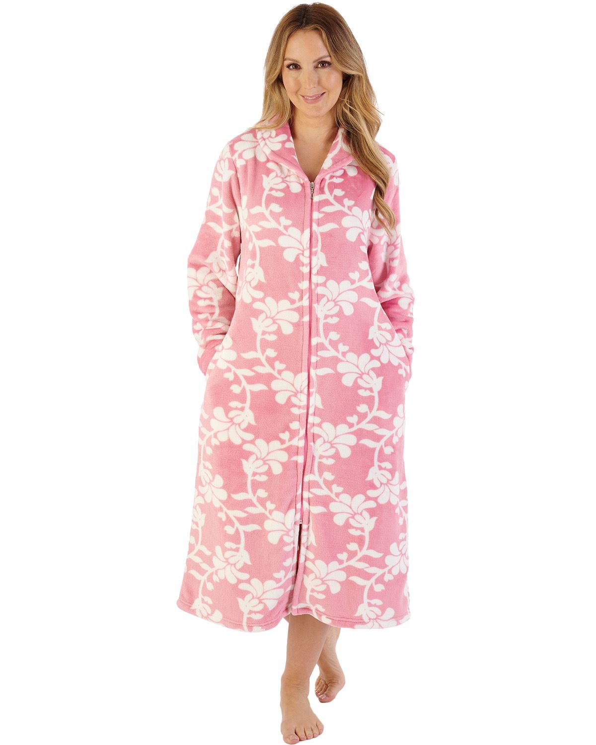 Slenderella Womens 46" Floral Flannel Fleece Zip Housecoat