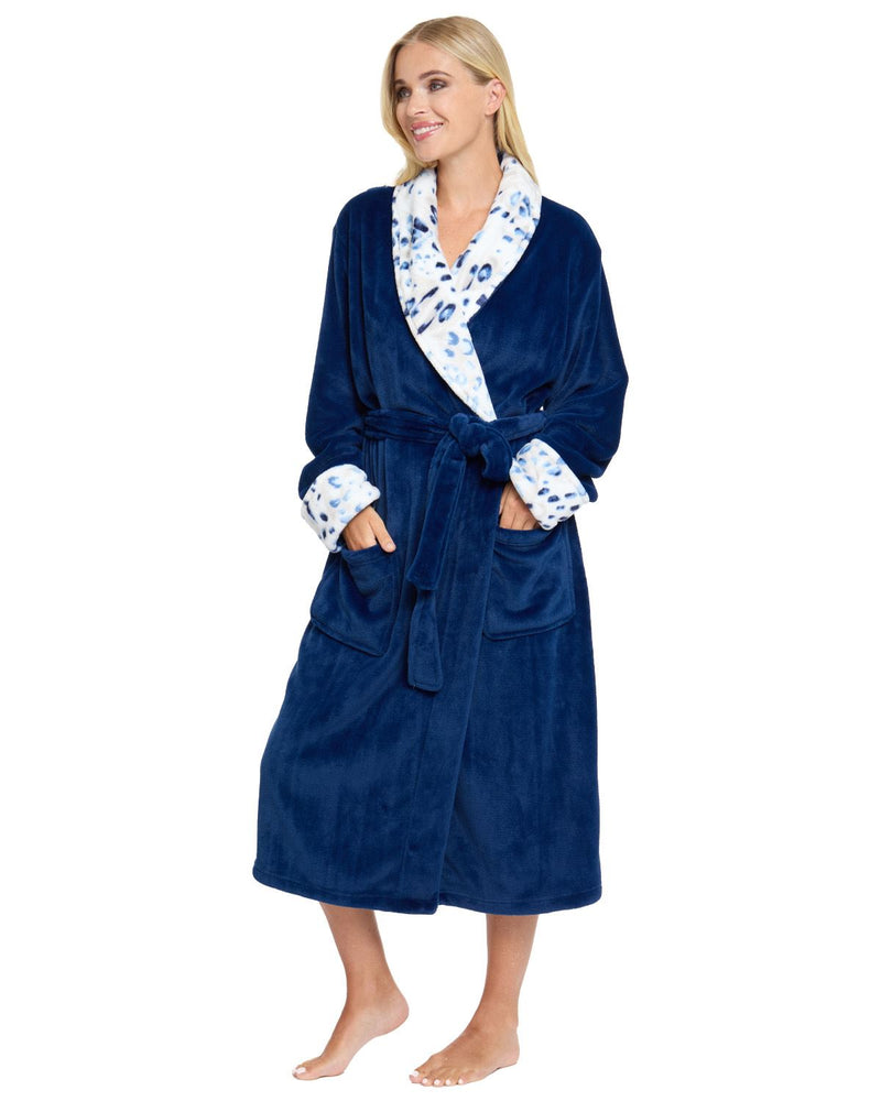 La Marquise Womens 'Blue Leopard' Supersoft Shawl Collar Robe
