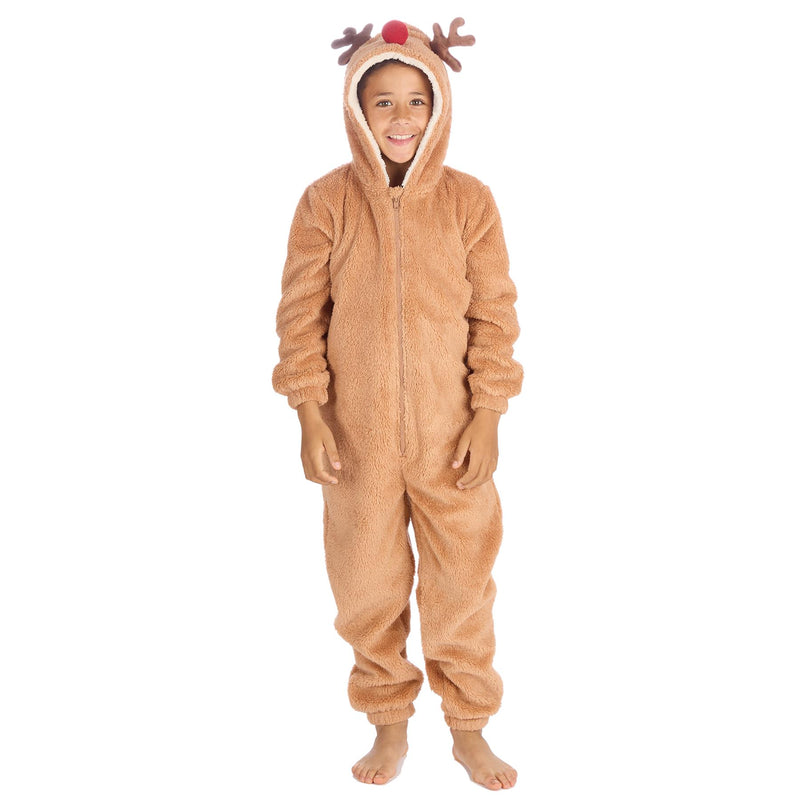 Kids Brown Sherpa Reindeer Onesie