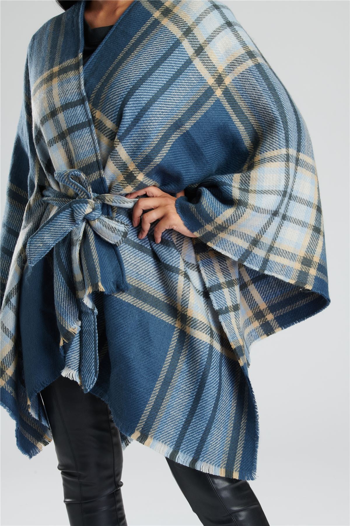 South Beach Womens Check Belted Waist Poncho