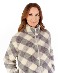 Slenderella Womens Printed Check Fleece Zip Top Pyjamas