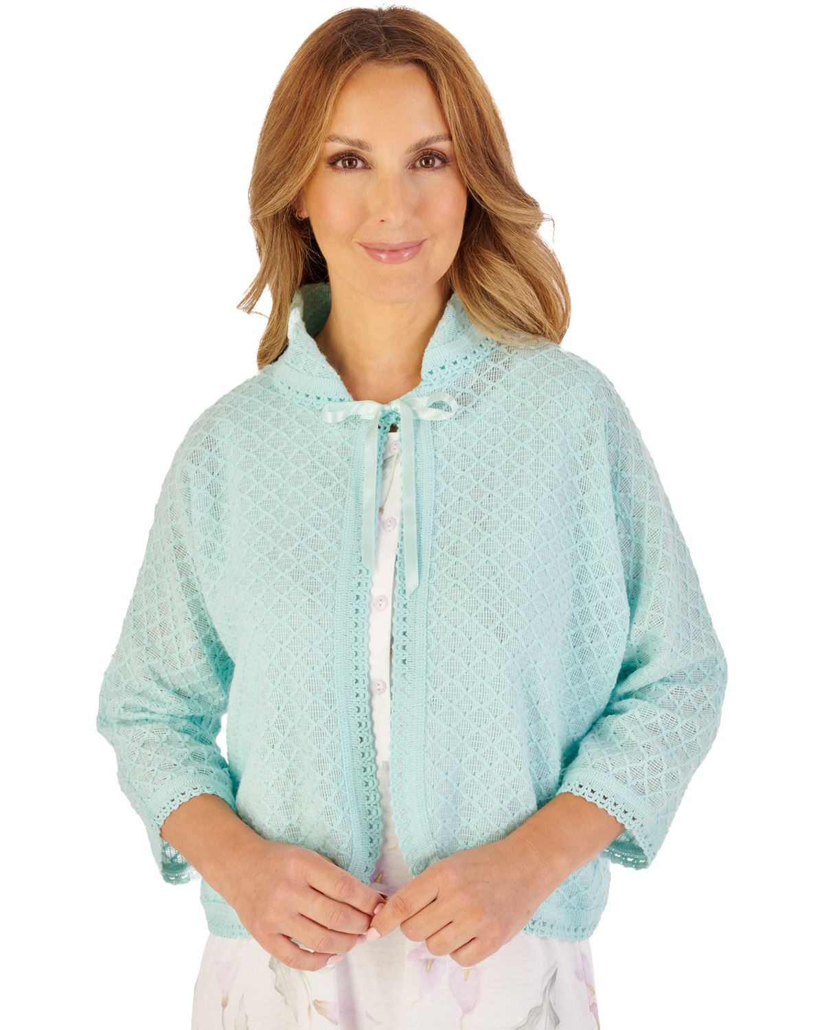 Slenderella Womens 3/4 Sleeve Fancy Knit Peter Pan Collar Ribbon Tie Bedjacket