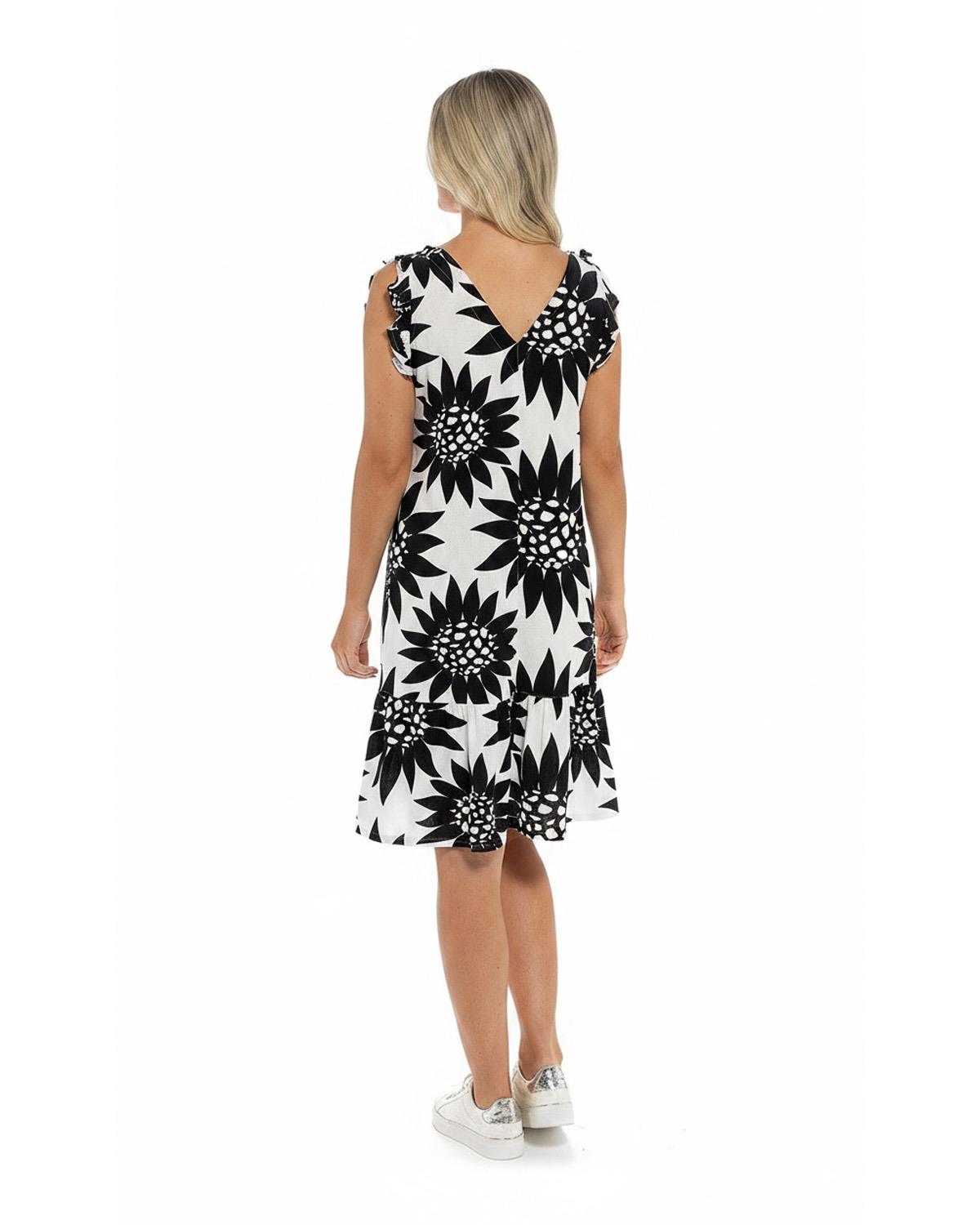 Indigo Roc Womens Linen Ruffle Mono Print Dress