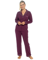 Foxbury Womens Button Through Jersey Cotton Long Pyjamas