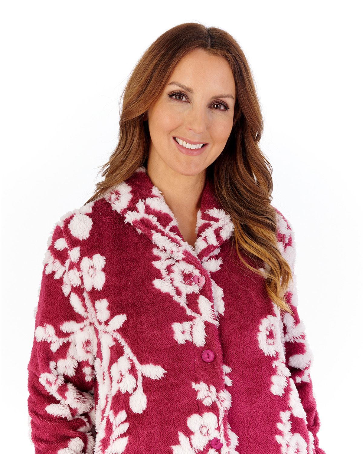 Slenderella Womens Floral Jaquard Fleece 45" Button Housecoat