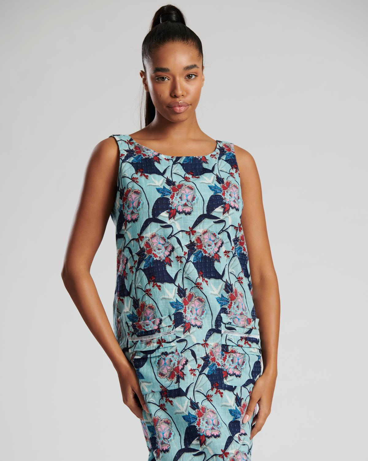 Pistachio Womens Blue Floral Sleeveless Shift Dress