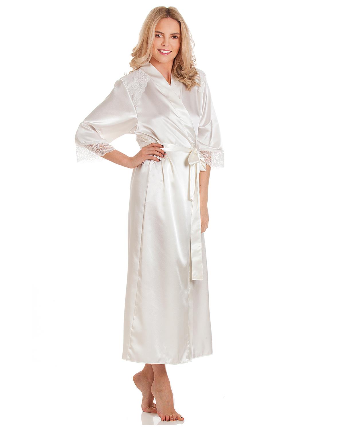 white satin dressing gown uk Sullivan Satin Bridal Robe With Lace - Ivory