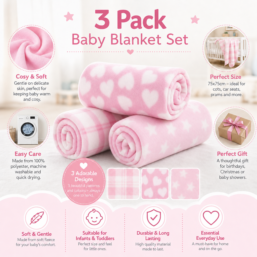 QT Baby 3 Pack Fleece Blanket Set