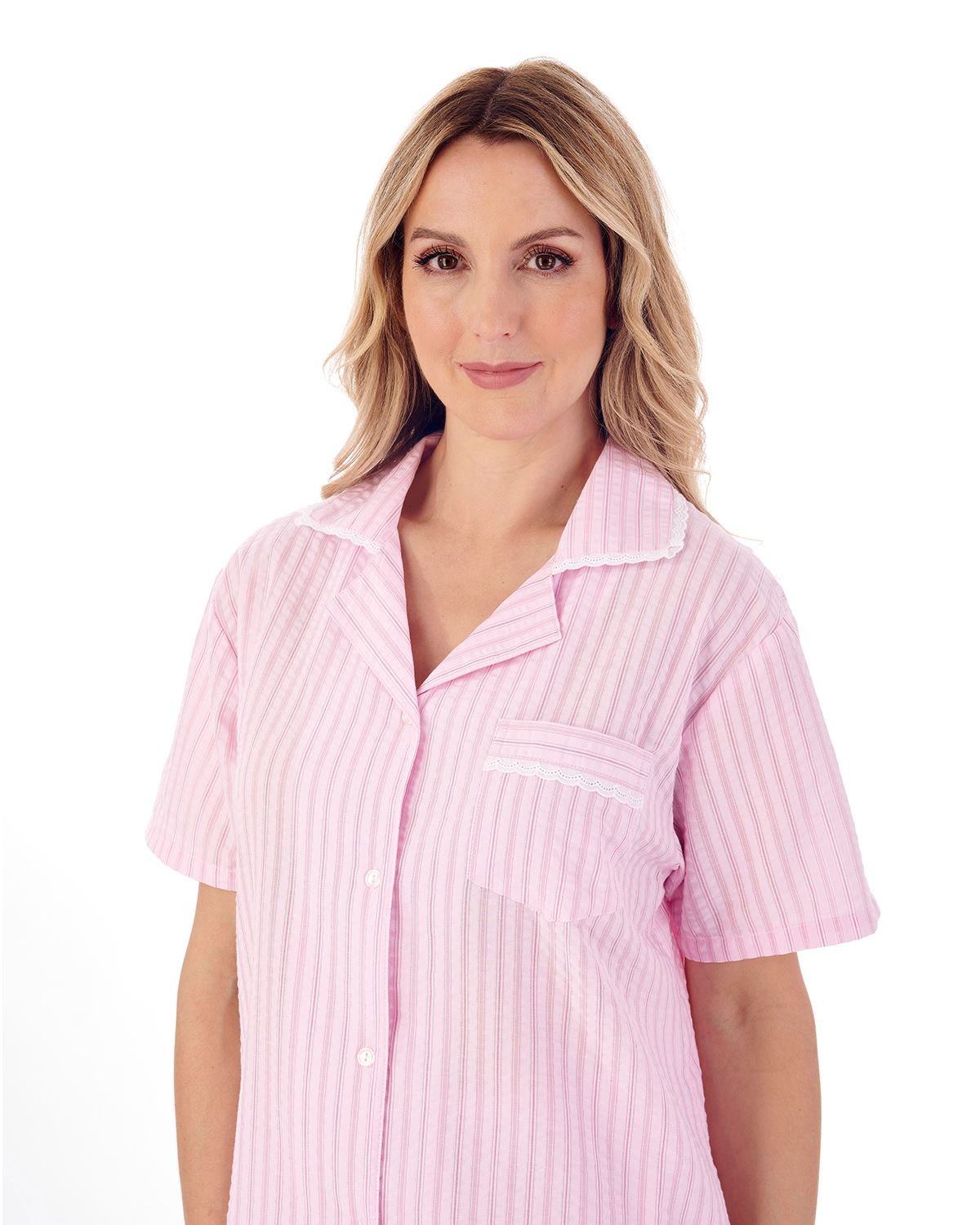 Slenderella Womens Classic Stripe Seersucker Woven Tailored Pyjama Set