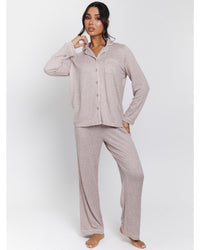 Loungeable Womens Marl Brushed Rib Buttoned Pyjamas