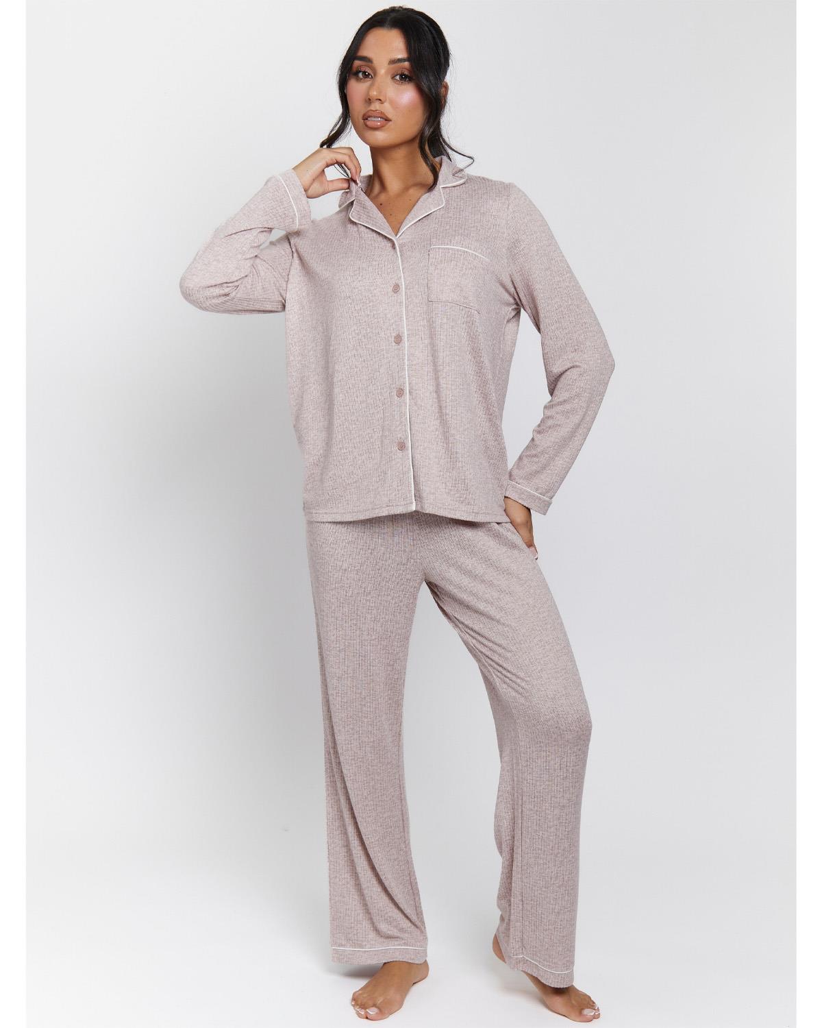 Loungeable Womens Marl Brushed Rib Buttoned Pyjamas