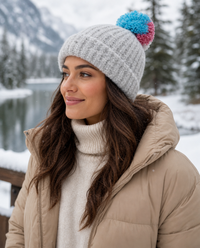 Womens Brushed Ribbed Turn Up Pom Beanie Hat