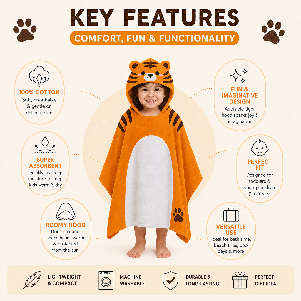 Adoramals  Alfie the Tiger Kids Hooded Towel