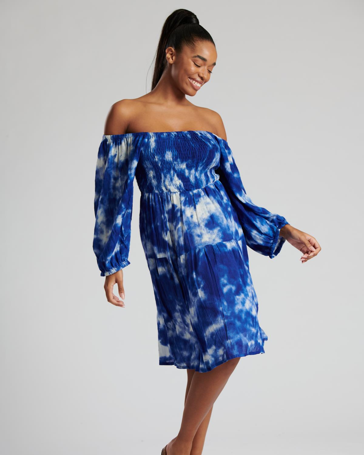 Pistachio Womens Bardot Blue Tie Dye Dress