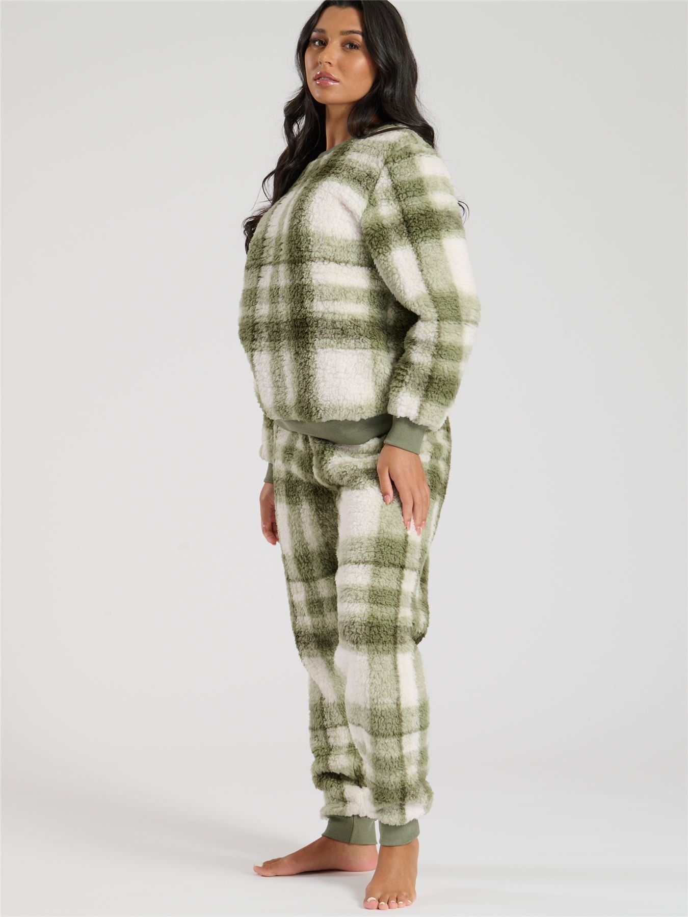 Loungeable Womens Green Check Borg Fleece Pyjamas