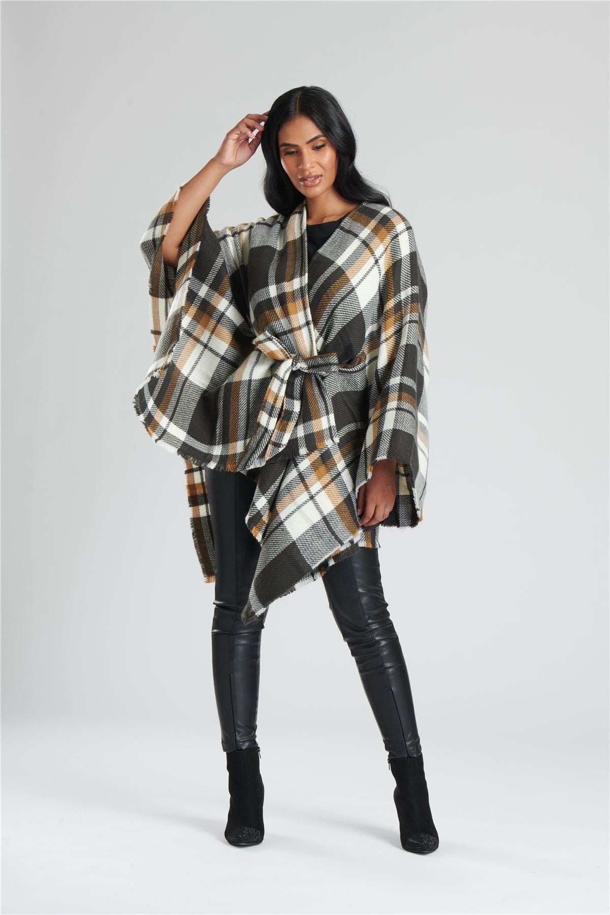South Beach Womens Check Belted Waist Poncho