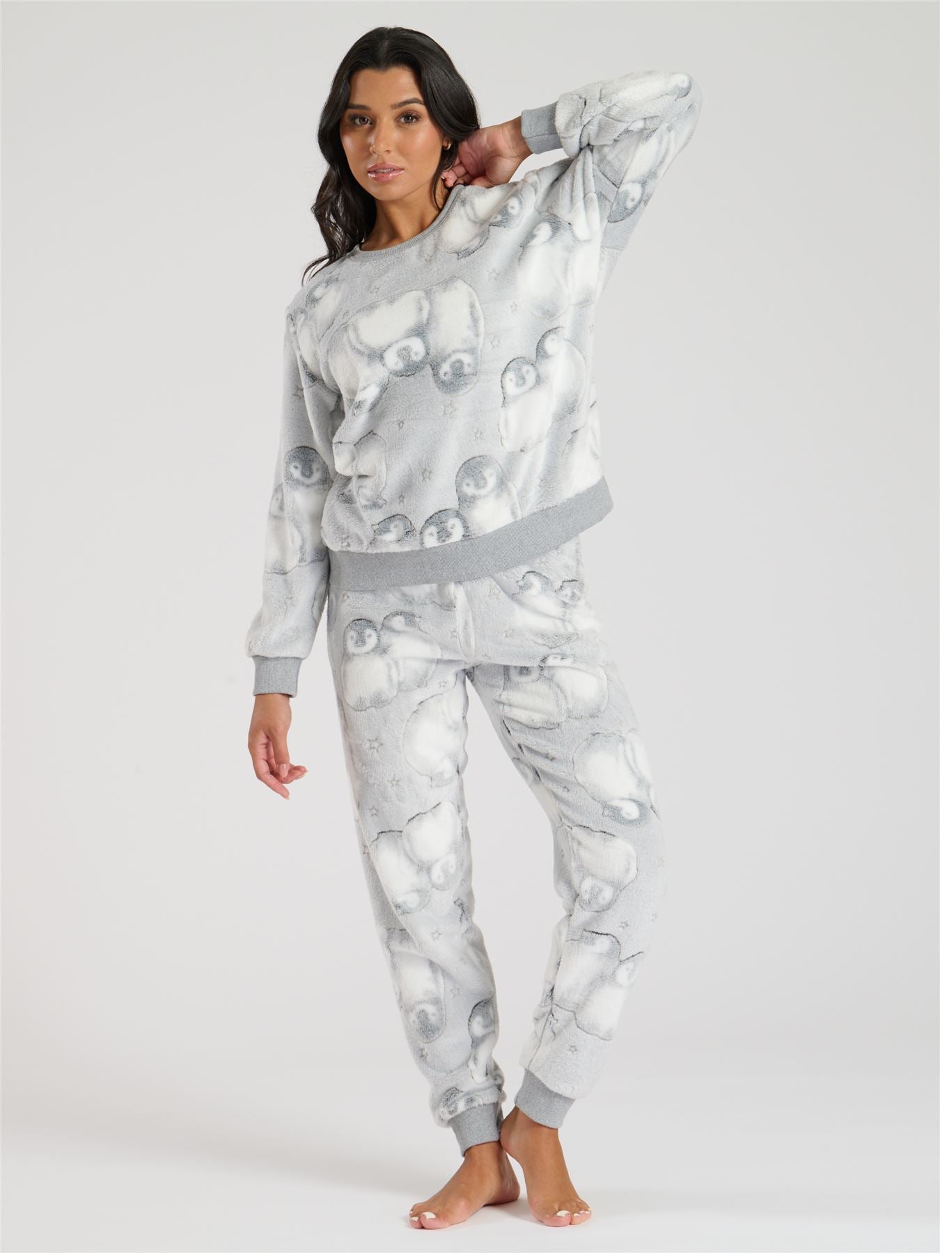 Loungeable Womens Grey Penguin Fleece Pyjamas