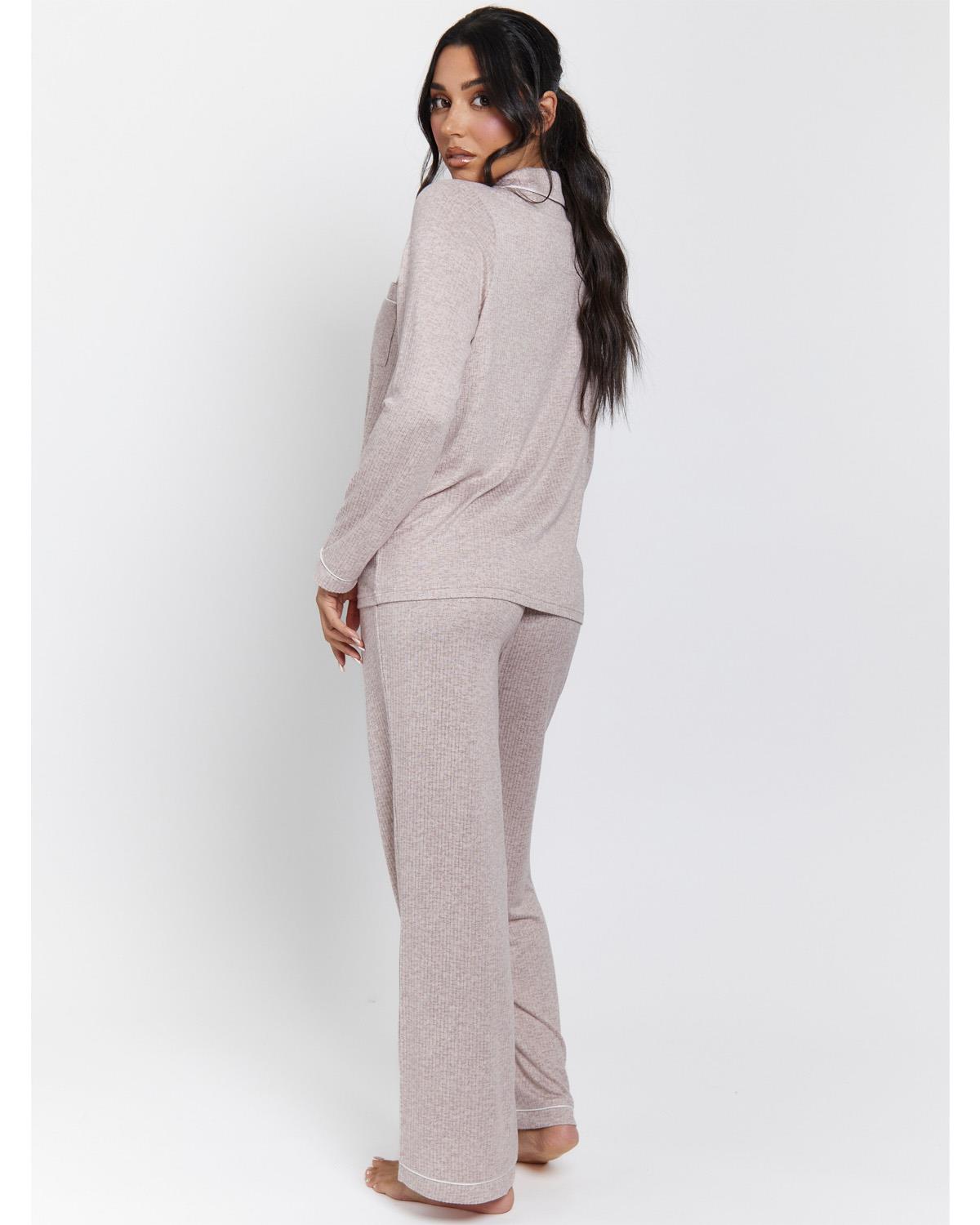 Loungeable Womens Marl Brushed Rib Buttoned Pyjamas