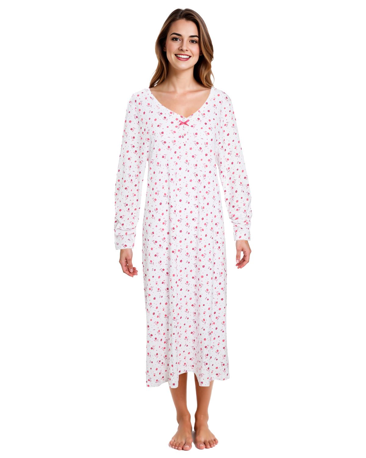 Cottonique Womens Long Sleeve Cotton Floral Nightdress