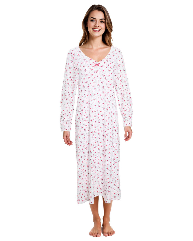 Cottonique Womens Long Sleeve Cotton Floral Nightdress